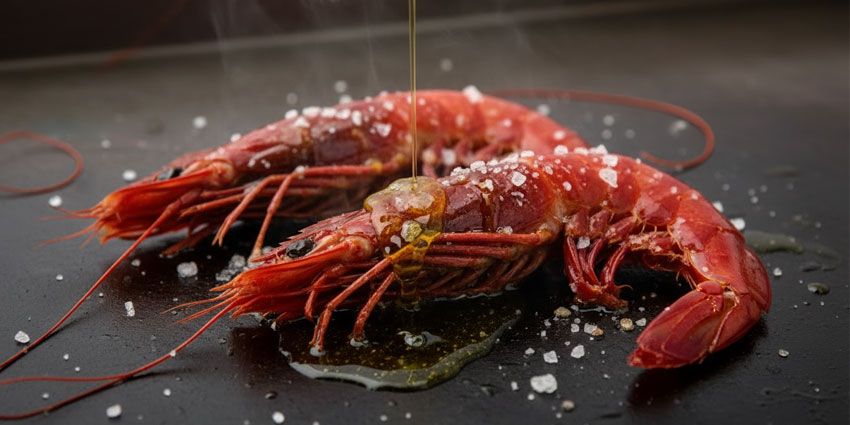 Carabineros a la plancha recién hechos en Flor de Galicia, marisco gallego preparado al punto en Madrid centro