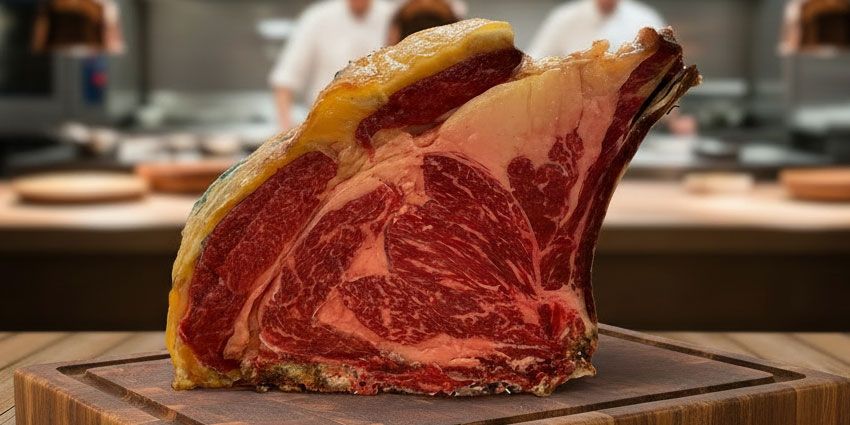 Chuletón de vaca Rubia Gallega madurado en Madrid, carne gallega premium en Flor de Galicia