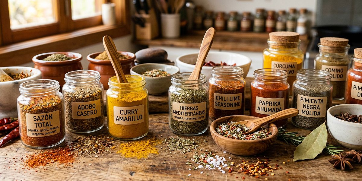 Tarros de especias y sazonadores preparados en una cocina
