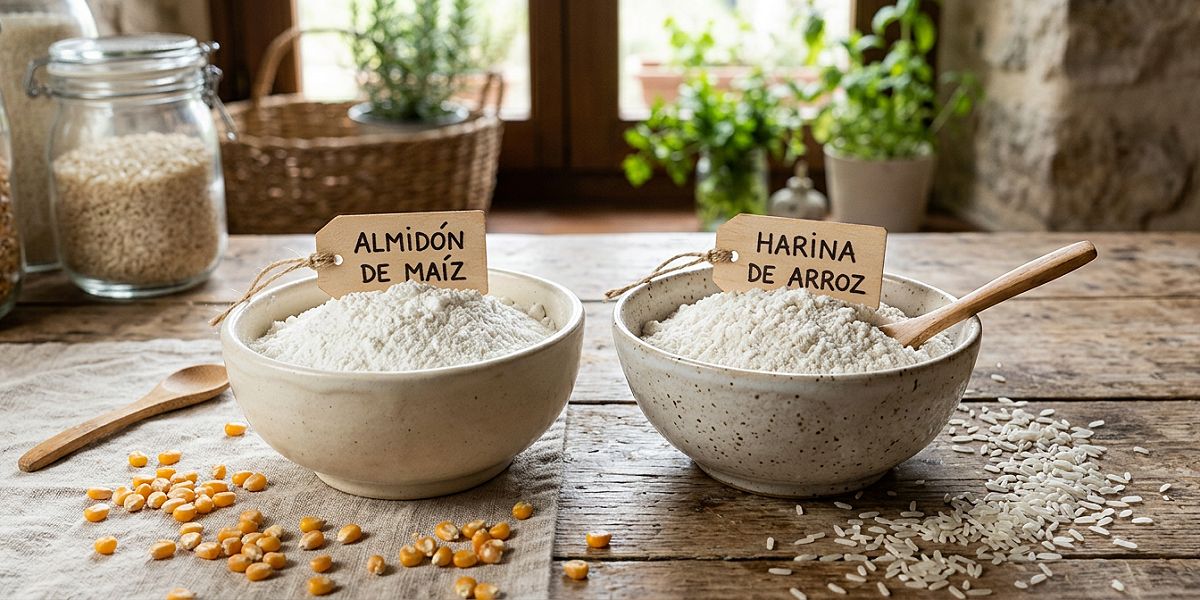Cuencos de almidón de maíz y harina de arroz, espesantes sin gluten