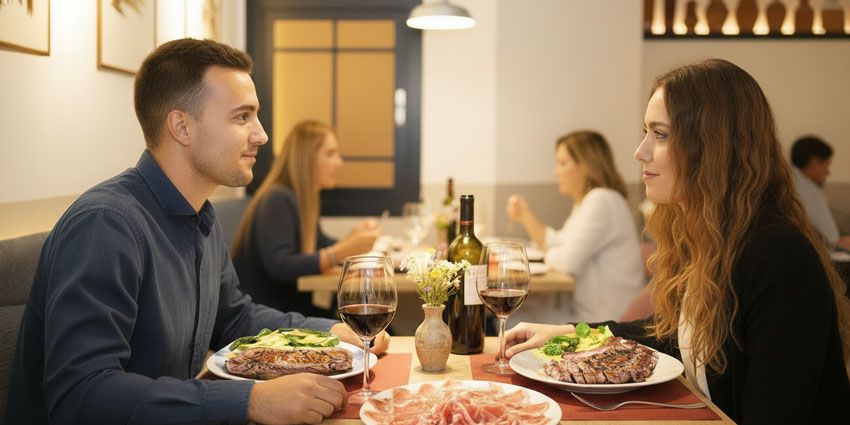 Pareja cenando en el comedor de Flor de Galicia con copas de vino tinto y un plato de jamón ibérico al centro