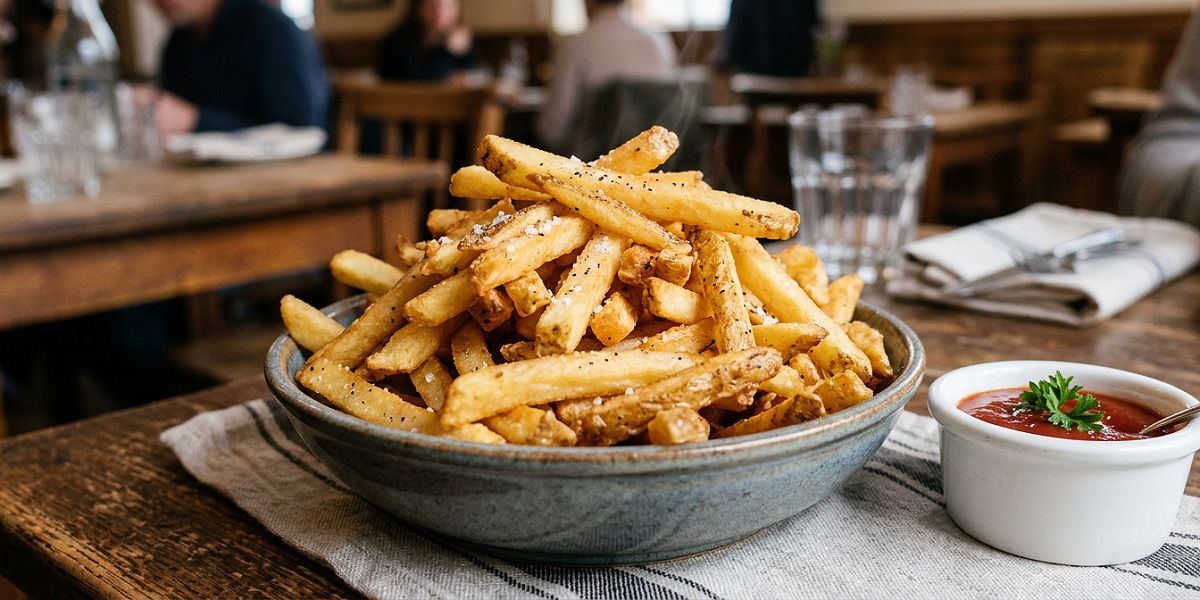 Cuenco de patatas fritas con kétchup en la mesa de un restaurante
