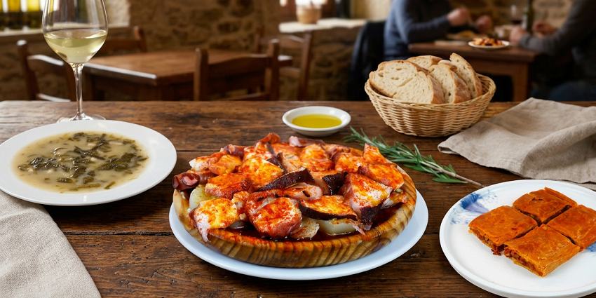Pulpo a feira, caldo con grelos y empanada gallega en la mesa de un restaurante gallego en Madrid