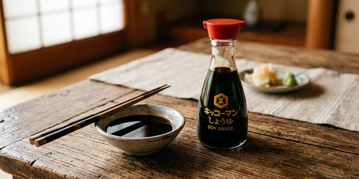 Botella de salsa de soja, un producto que puede contener trigo
