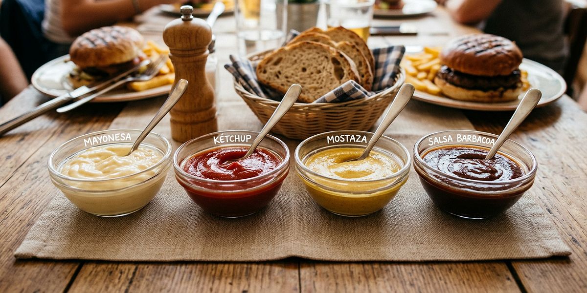 Cuencos de mayonesa, kétchup, mostaza y salsa barbacoa