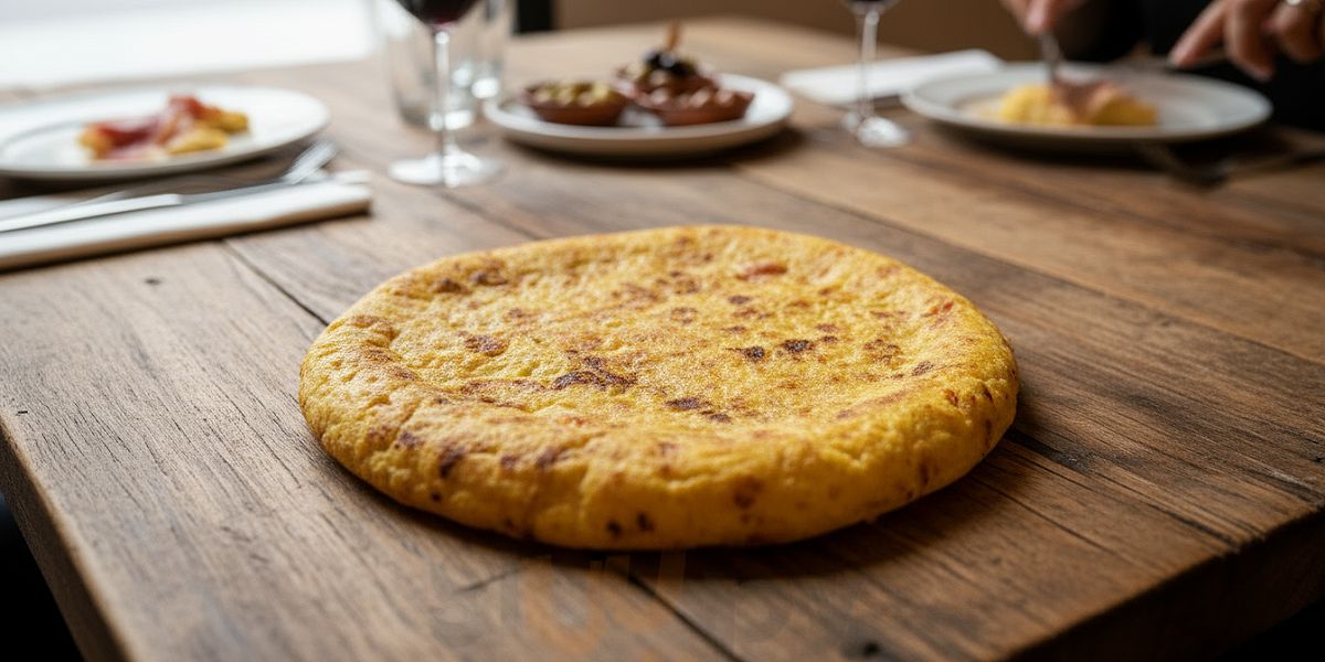 Tortilla de patatas poco cuajada en una mesa de restaurante