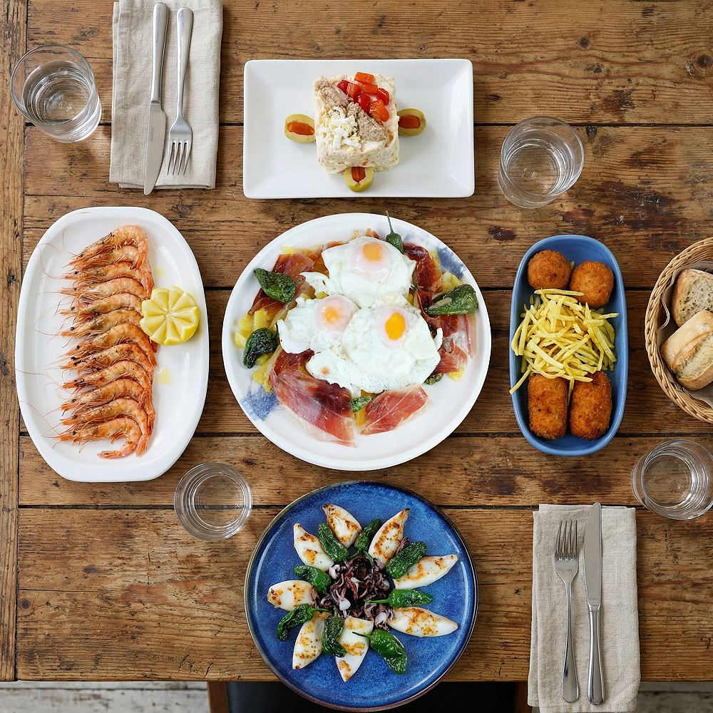 Mesa con raciones gallegas para compartir en Flor de Galicia: langostinos, huevos rotos con jamón, croquetas y pan